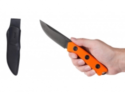 P200 Mk.II - DLC Satin-Schwarz, einfache Kante, Griff Orange, Lederscheide